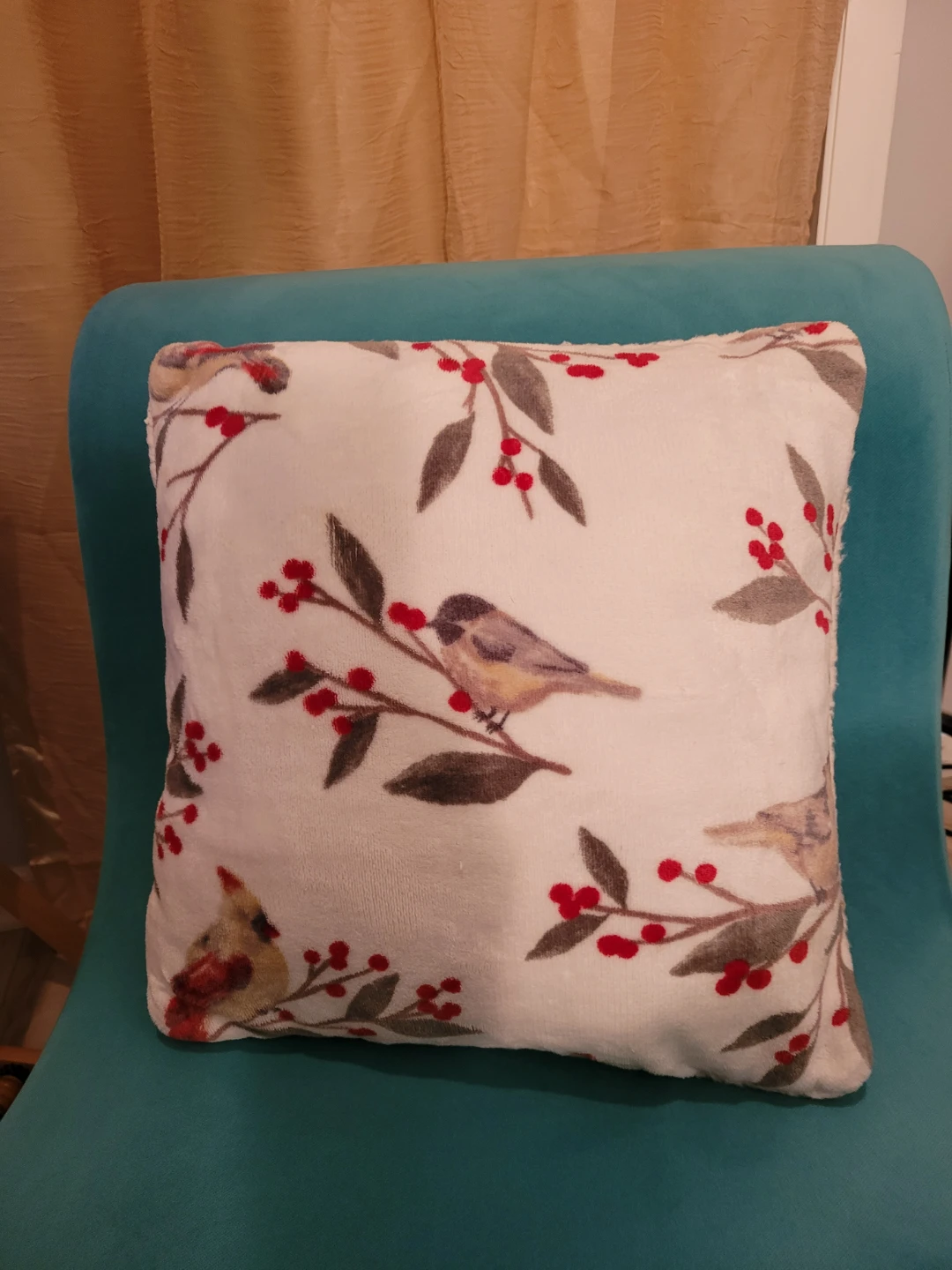 Decorative Throw Pillow w/ Bird & Berry Design