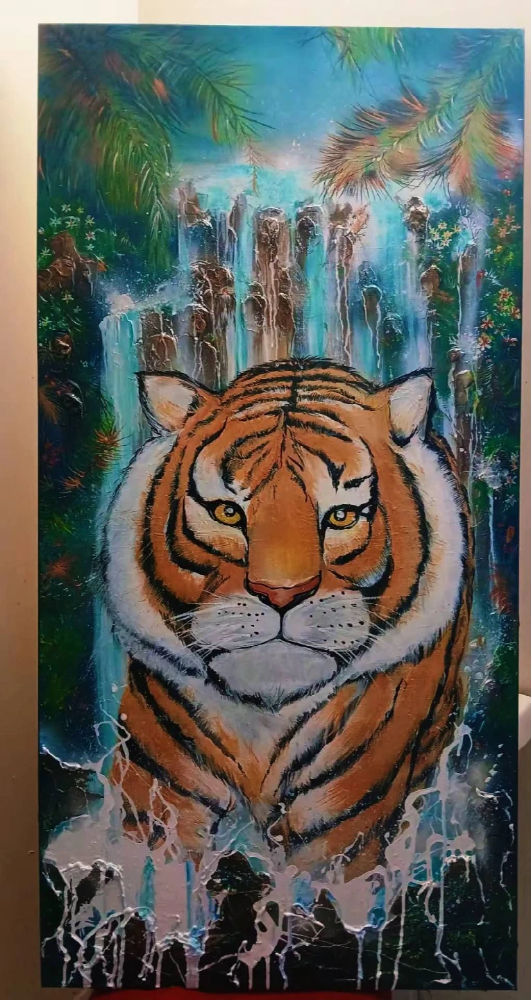 Tiger and Waterfall Oil Painting 2f X 4f