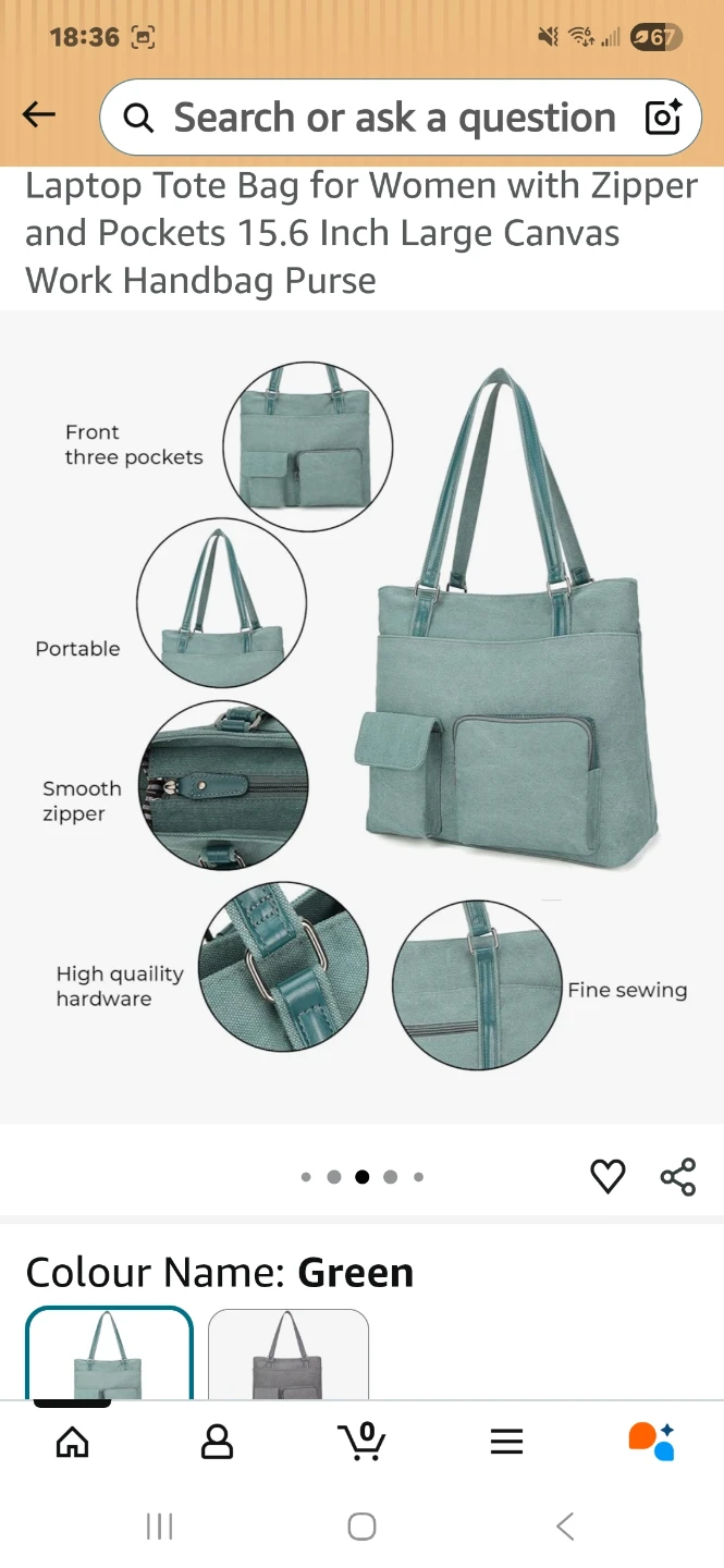 Green Laptop Tote Bag for Women - 15.6 Inch Canvas Work Handbag - photo 4