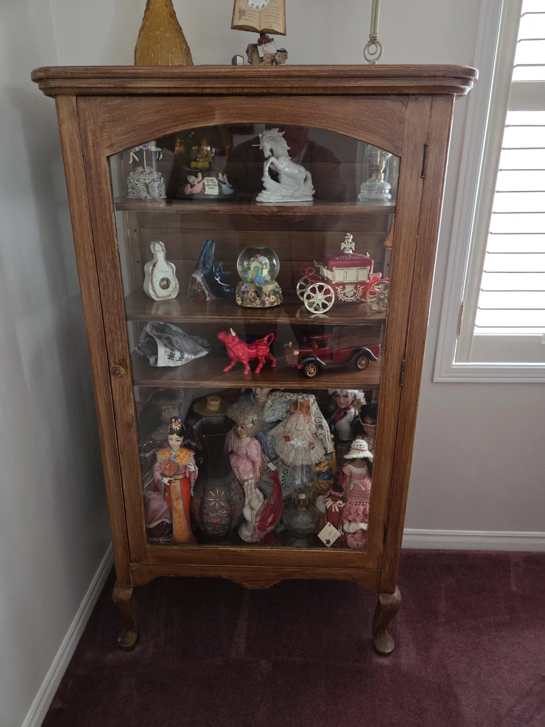 Vintage Oak display cabinet 3 sided glass
