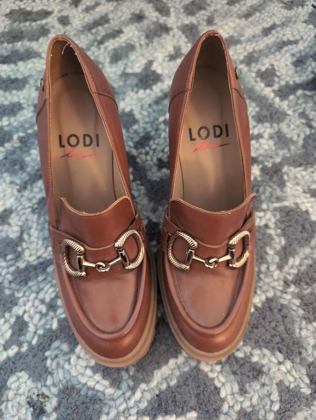 LODI Brown Leather Loafer Heels with Buckle Detail