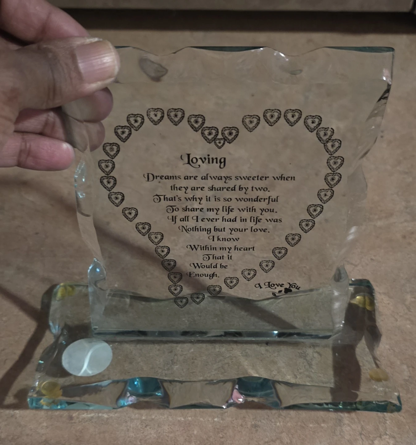 Glass "Loving" Heart Poem Display plaque stand
