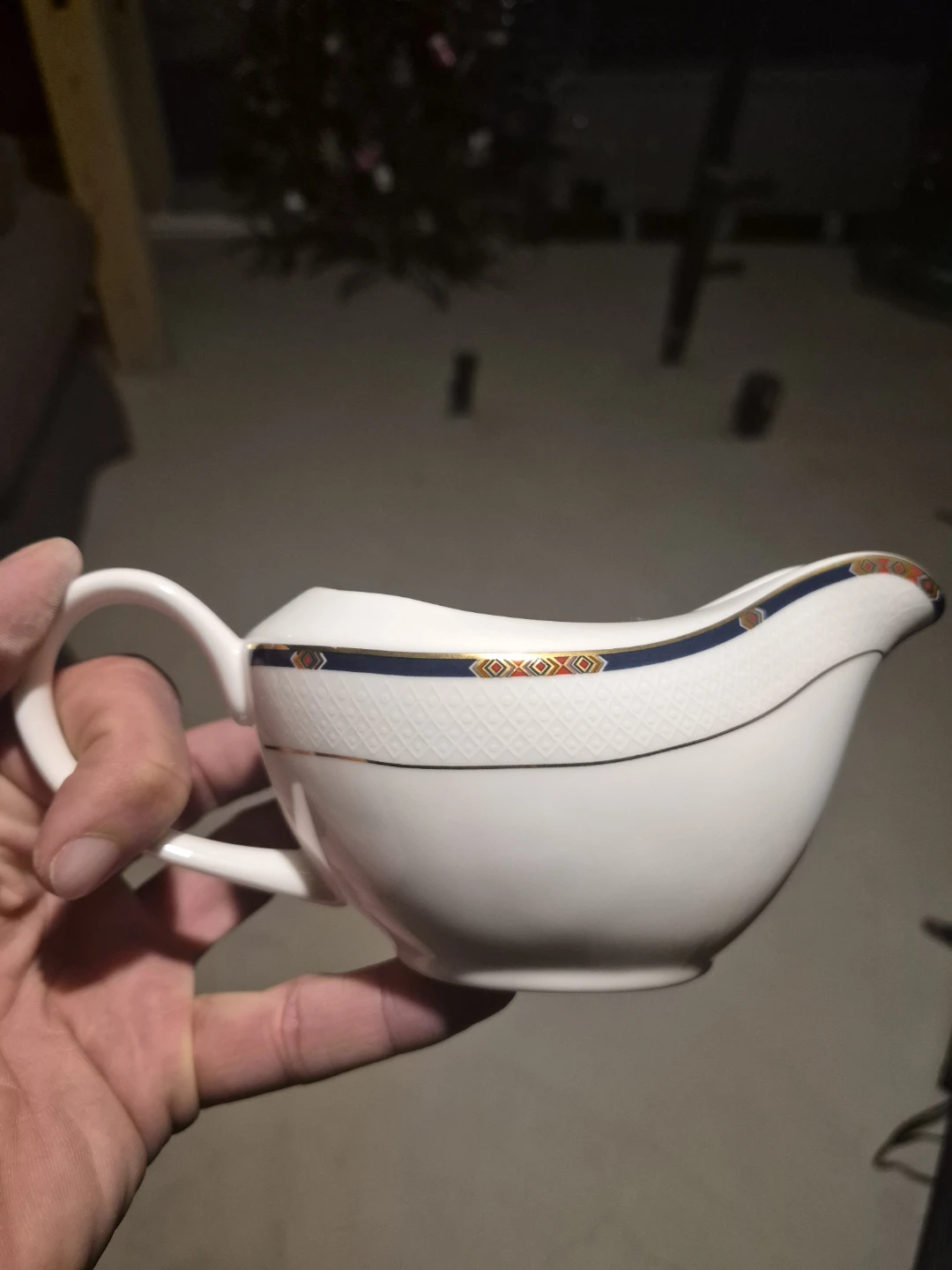 White Porcelain Gravy Boat and Saucer Set with Decorative Trim