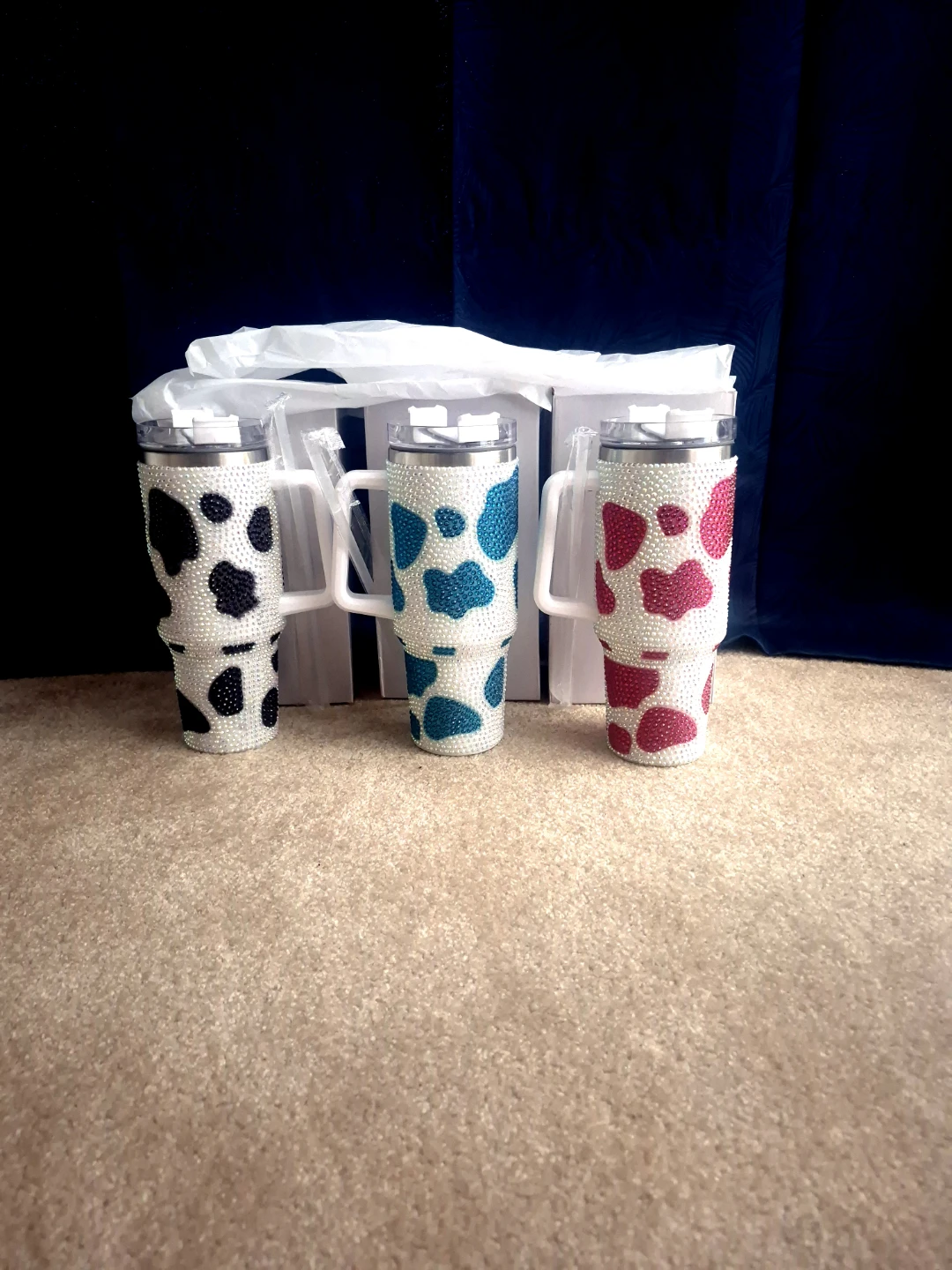 Set of 3 Rhinestone Tumblers - Cow Print