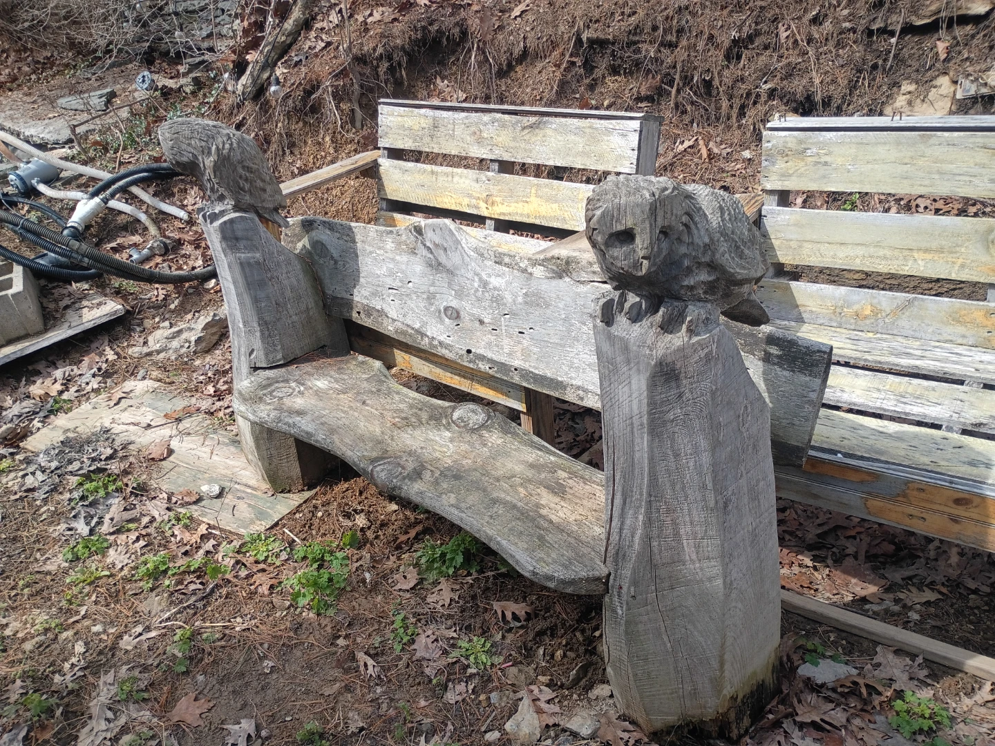 Rustic Log Bench with Owl Carvings