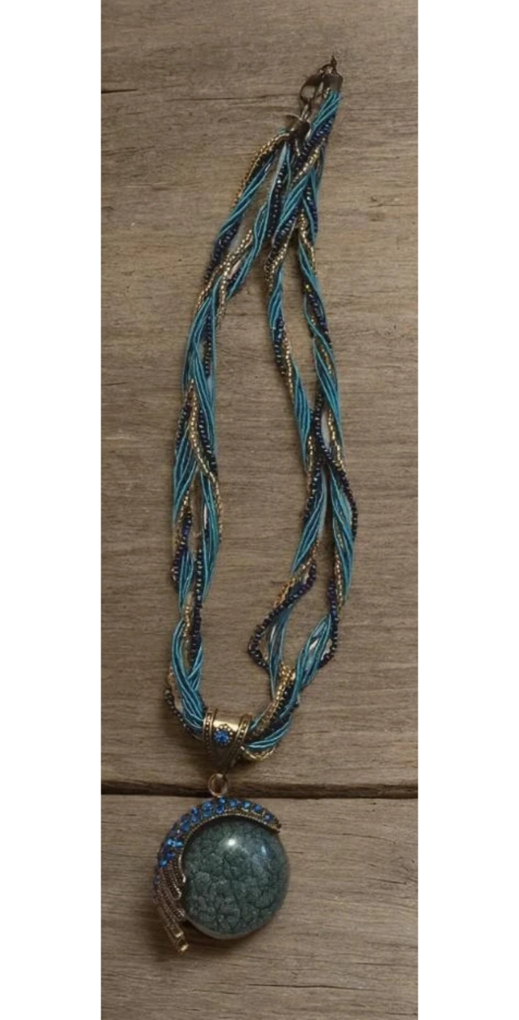 Blue & Gold Beaded Pendant Necklace