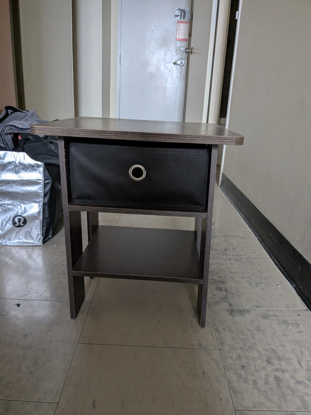 Dark Wood Nightstand with Black Fabric Drawer