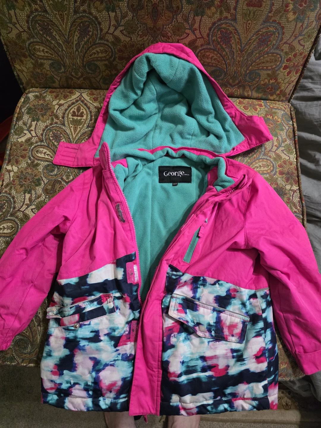 George Kids Pink Teal Abstract Print Winter Jacket Size 10/12