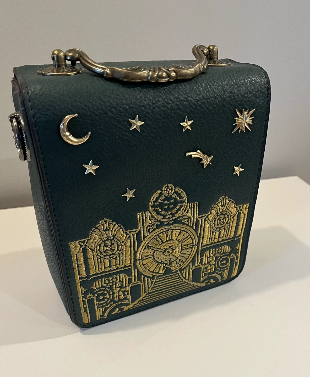 Dark Green Faux Leather Steampunk Handbag with Clock Design - photo 2