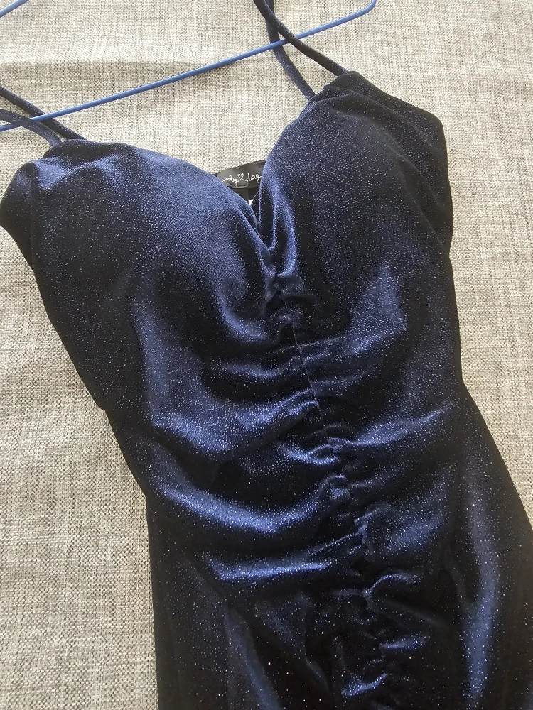 Navy Blue Ruched Velvet Sparkle Dress