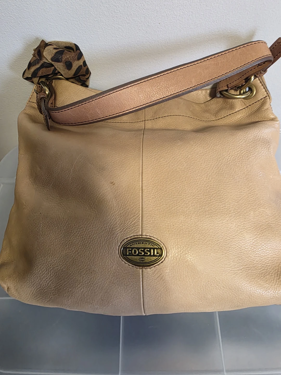 Fossil Leather Hobo Bag with Leopard Scarf Accent
