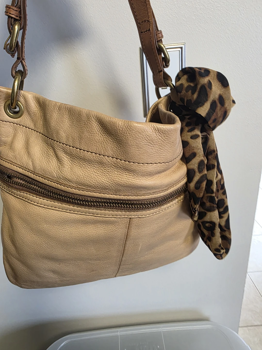 Fossil Leather Hobo Bag with Leopard Scarf Accent - photo 3