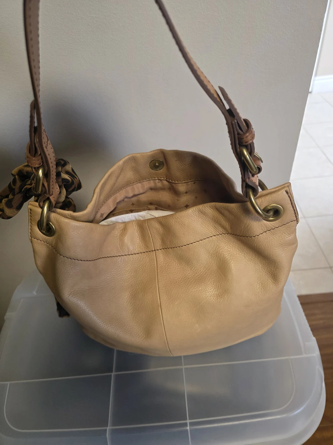 Fossil Leather Hobo Bag with Leopard Scarf Accent - photo 5