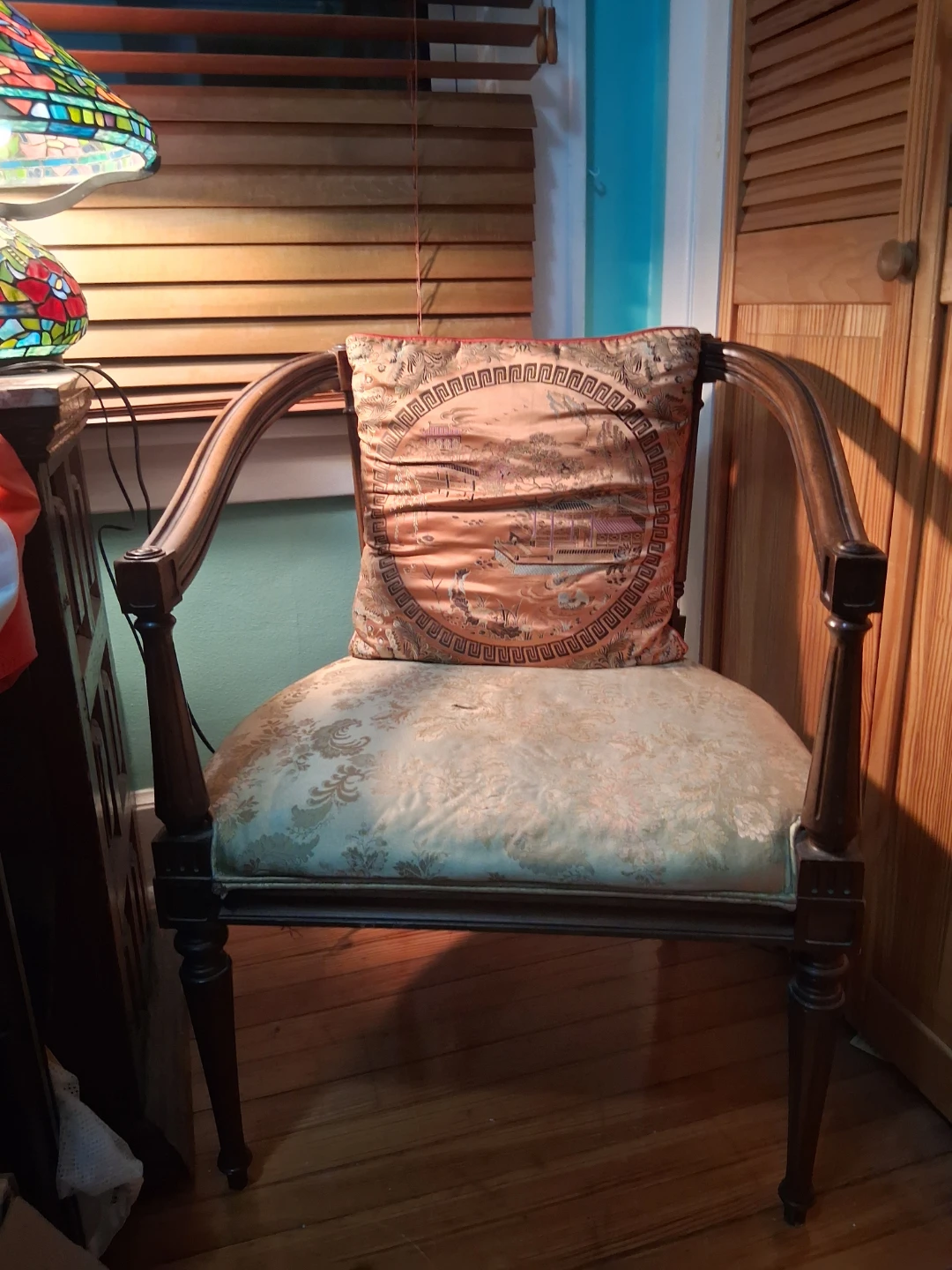 Antique Chair & Decorative Accent Pillow with Asian Landscape