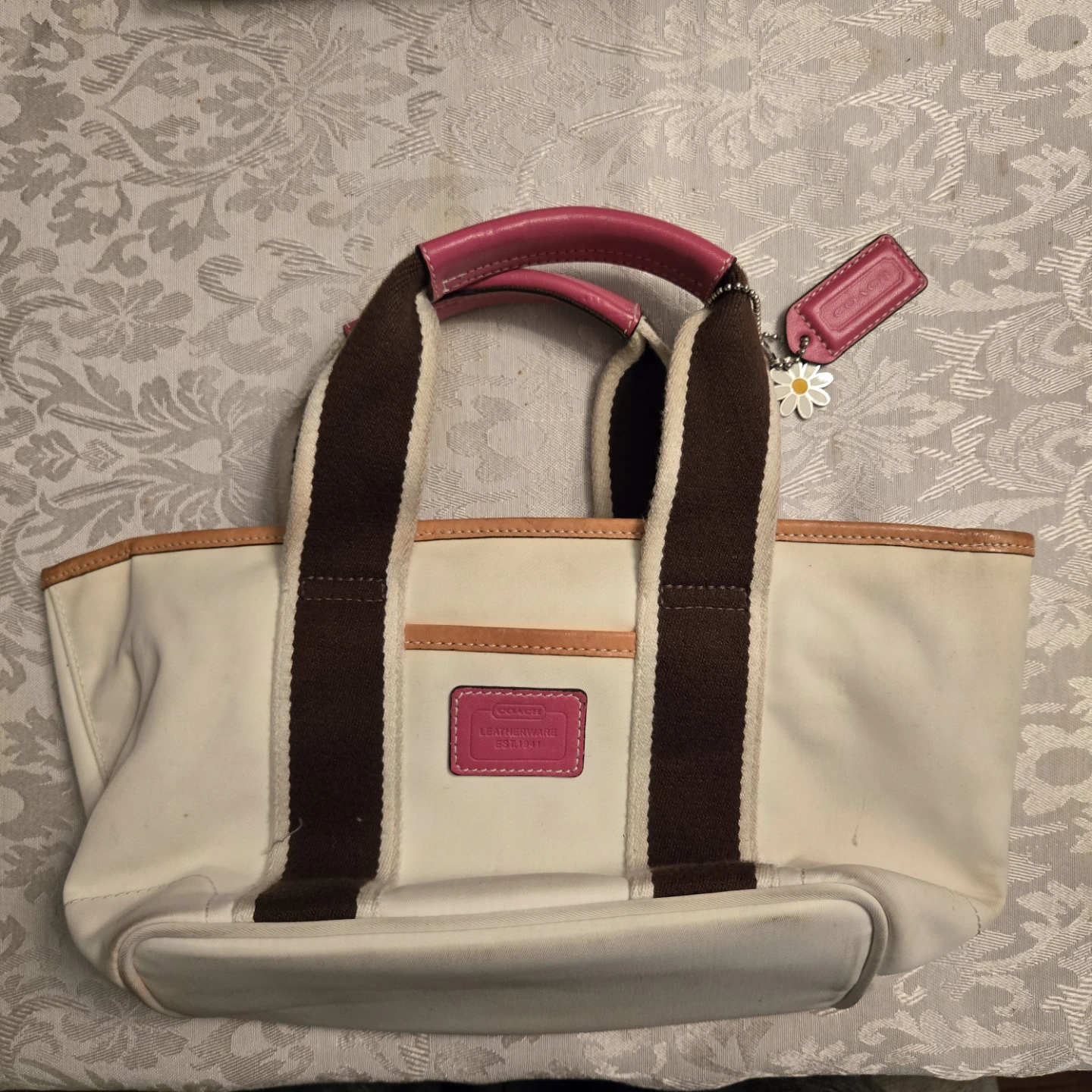 Coach White Canvas Tote Bag with Pink Leather Handles