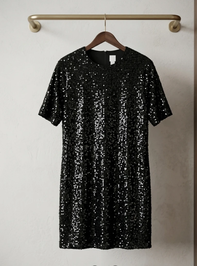 Black Sequin Short Sleeve Dress. Size XL