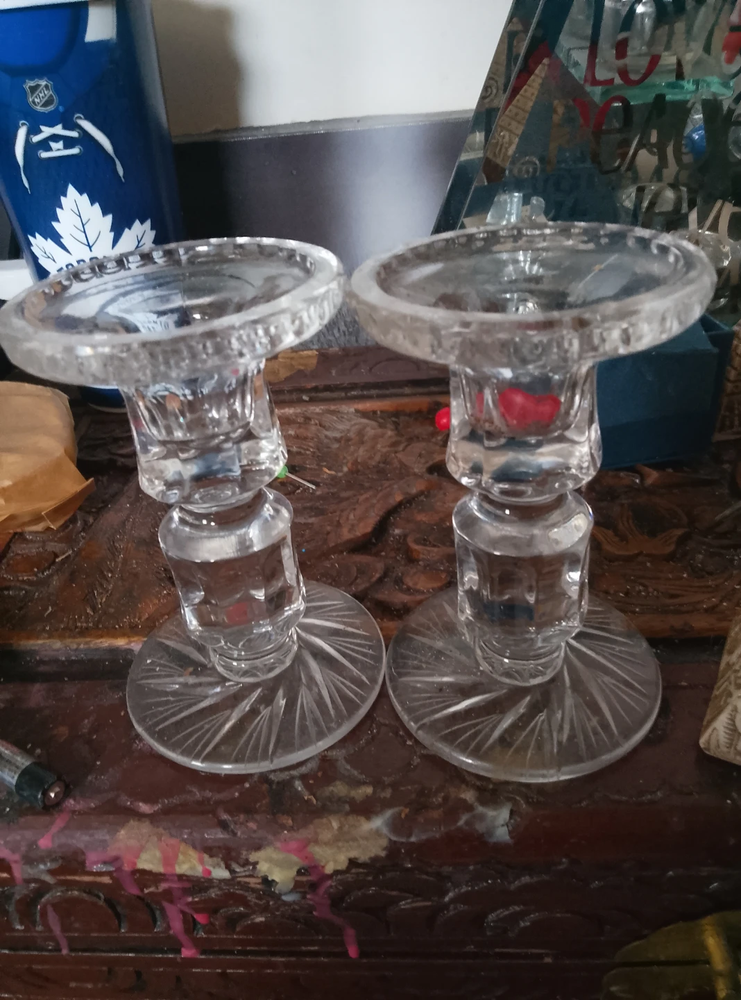 Set of 2 Clear Glass Taper Candle Holders