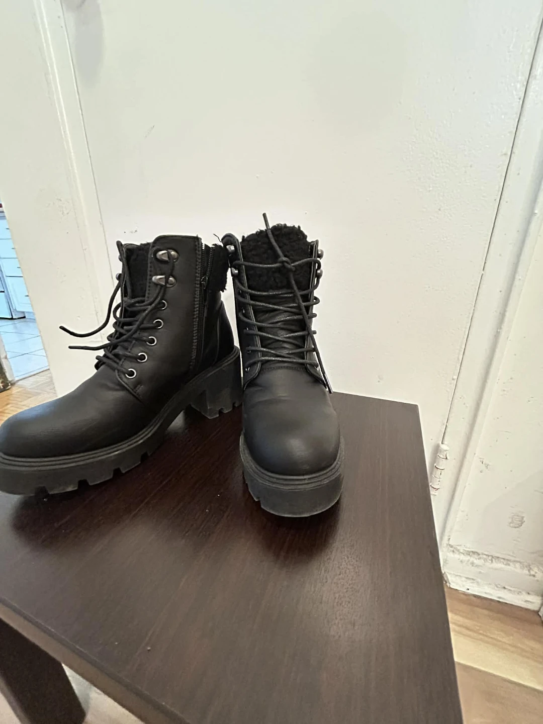 Ardene Black Lace-Up Combat Boots with Shearling Lining - photo 2