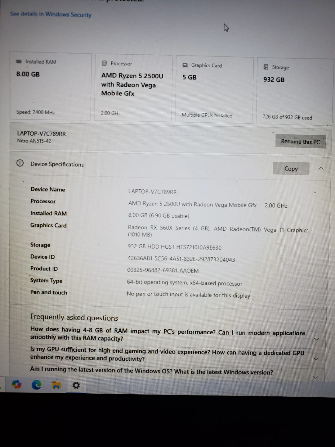 Acer Nitro 5 Laptop - AMD Ryzen 5 2500U, 8GB RAM, 932GB HDD - photo 3