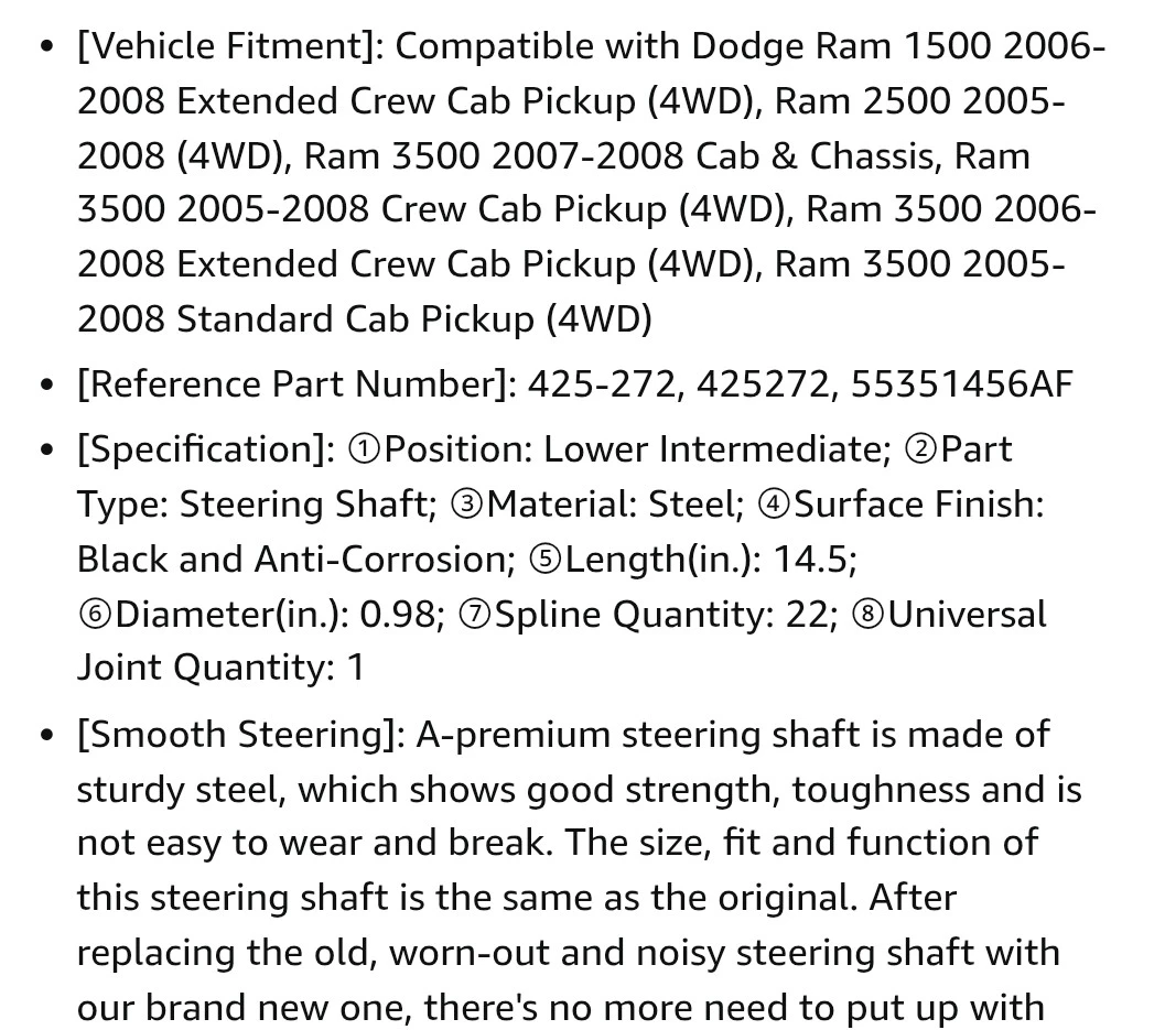 A-Premium Steering Column Shaft for Dodge Ram 1500/2500/3500 - photo 4