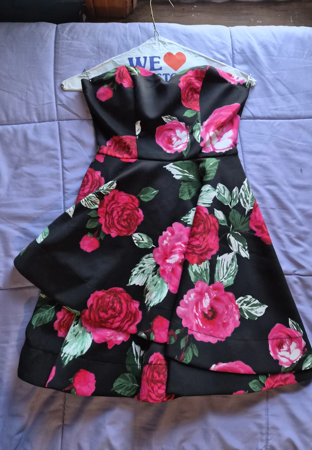 Juniors Black Strapless Dress with Pink Roses