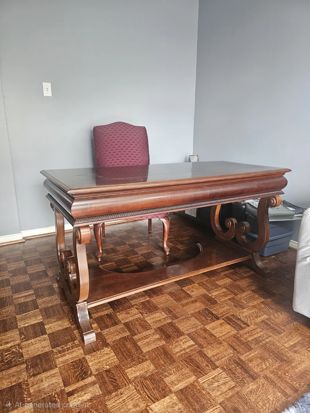 Solid Wood Desk with Ornate Carvings and Lower Shelf with Chair