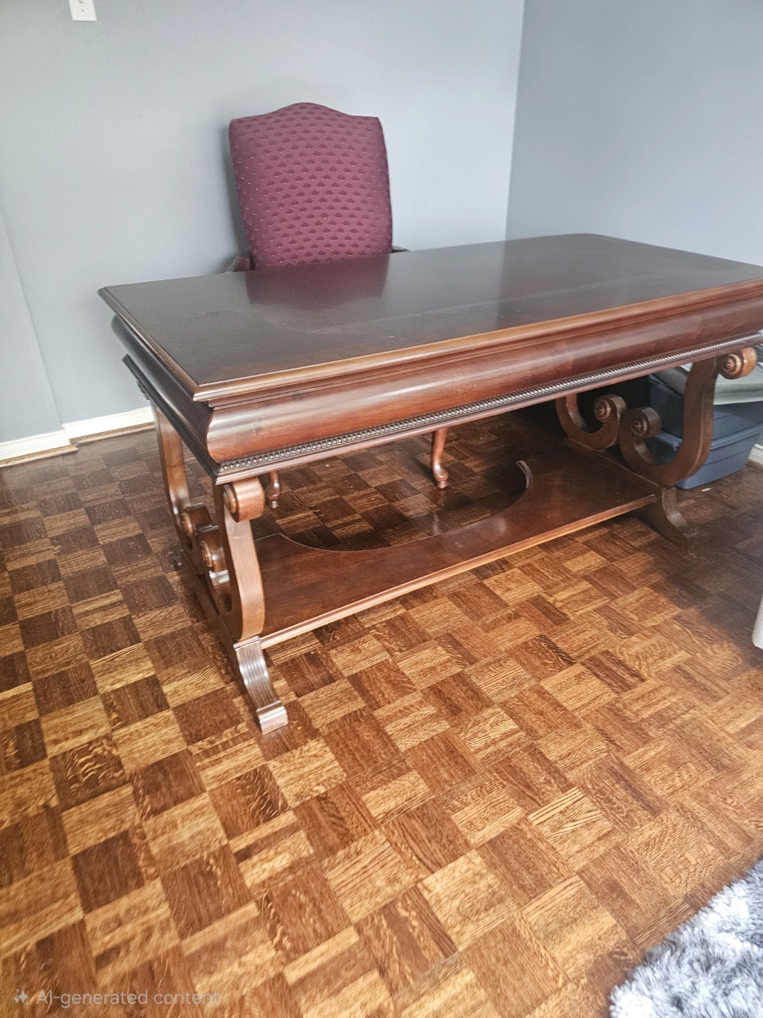 Solid Wood Desk with Ornate Carvings and Lower Shelf with Chair - photo 2