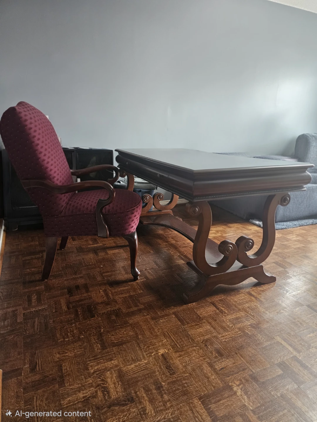 Solid Wood Desk with Ornate Carvings and Lower Shelf with Chair - photo 3