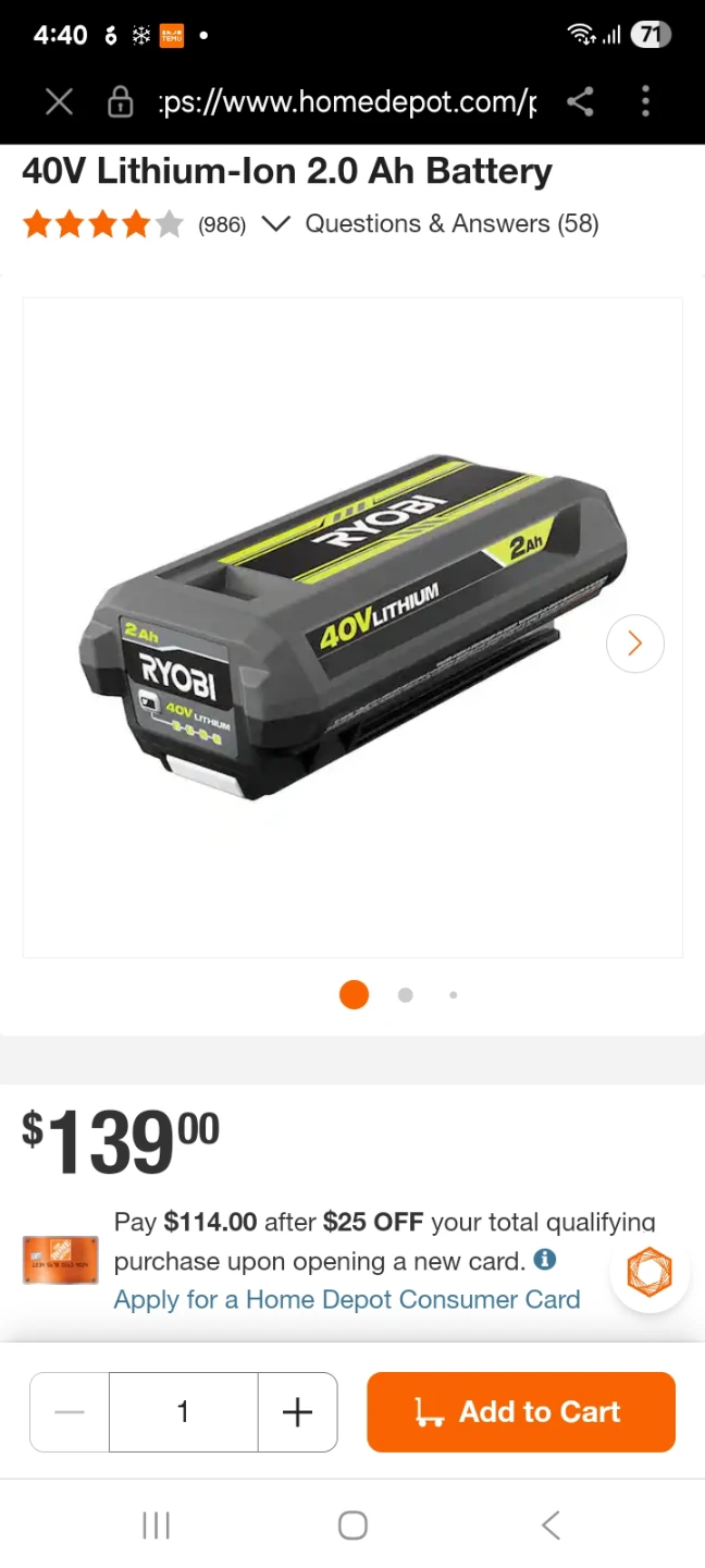 Ryobi 40V Lithium-ion 2.0 Ah Compact Battery - photo 2