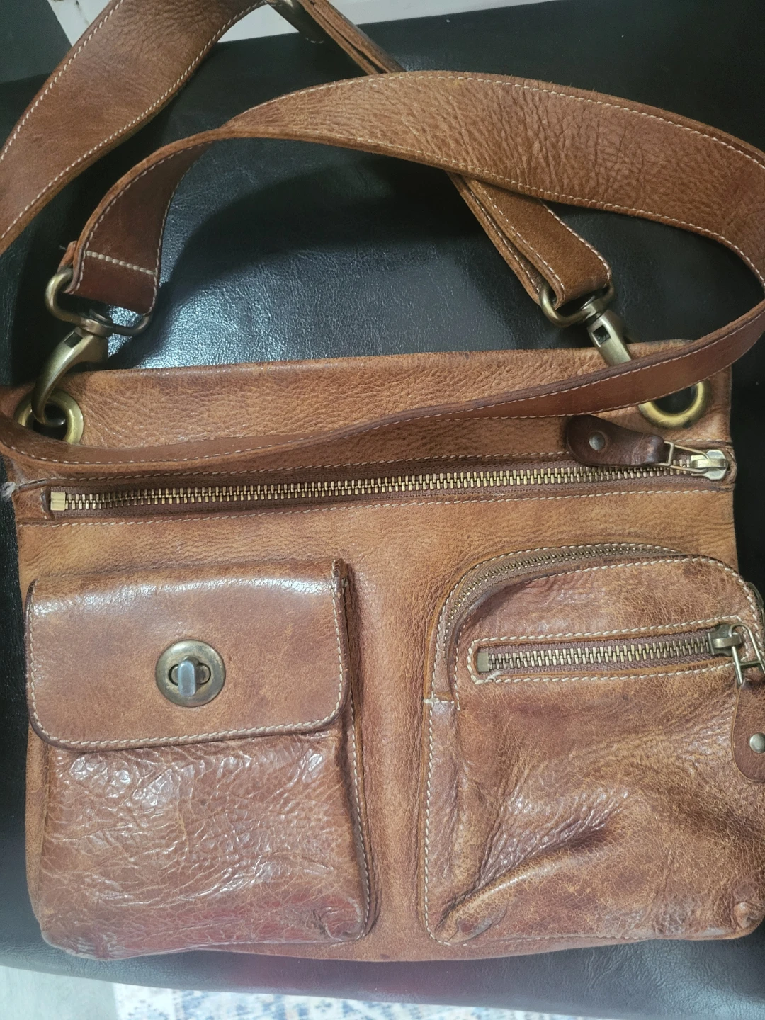 Roots Brown Leather Crossbody Bag