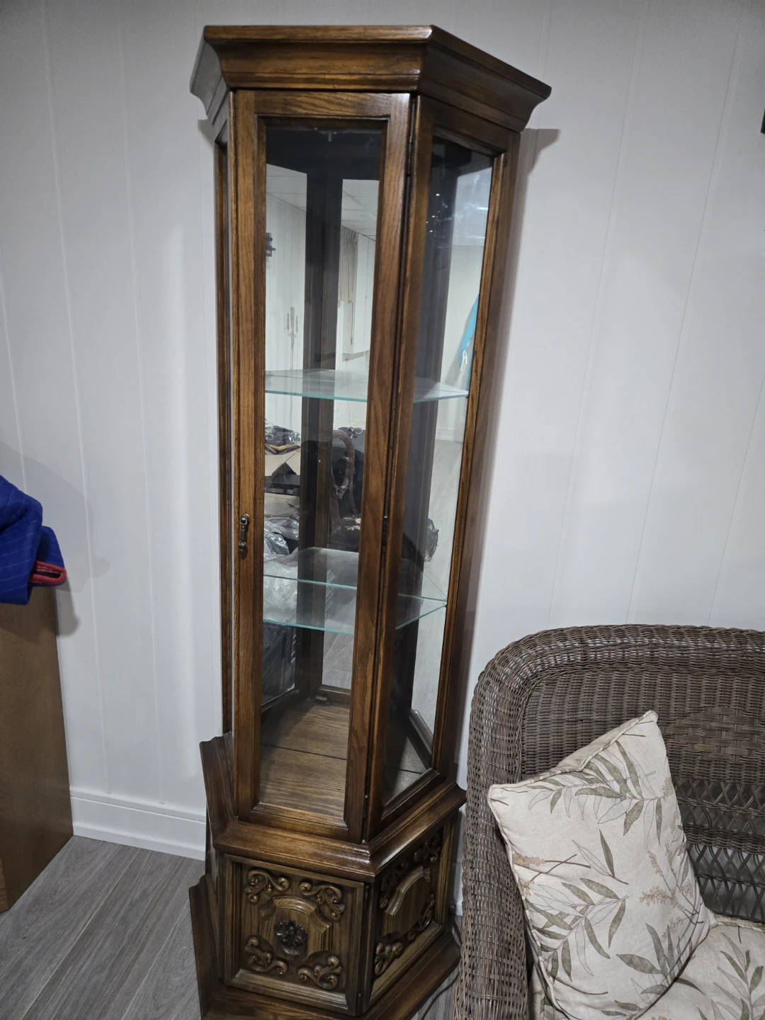 Corner Curio Cabinet with Glass Doors and Shelves.$50 firm.