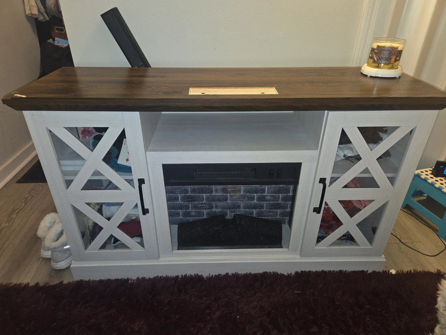 Farmhouse Electric Fireplace TV Stand - White and Wood Finish