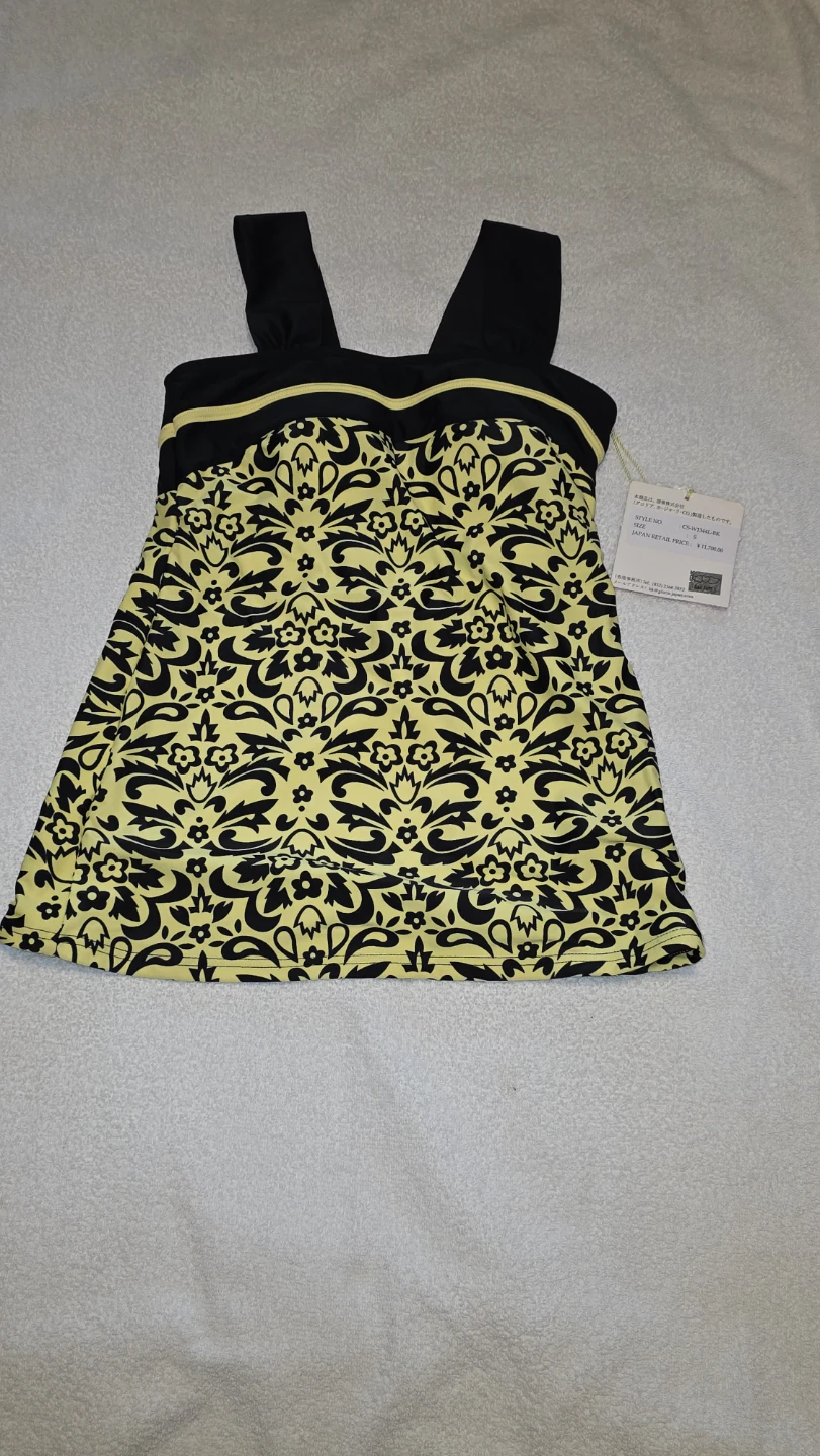 Women's Swim Top Yellow Black Damask Size L