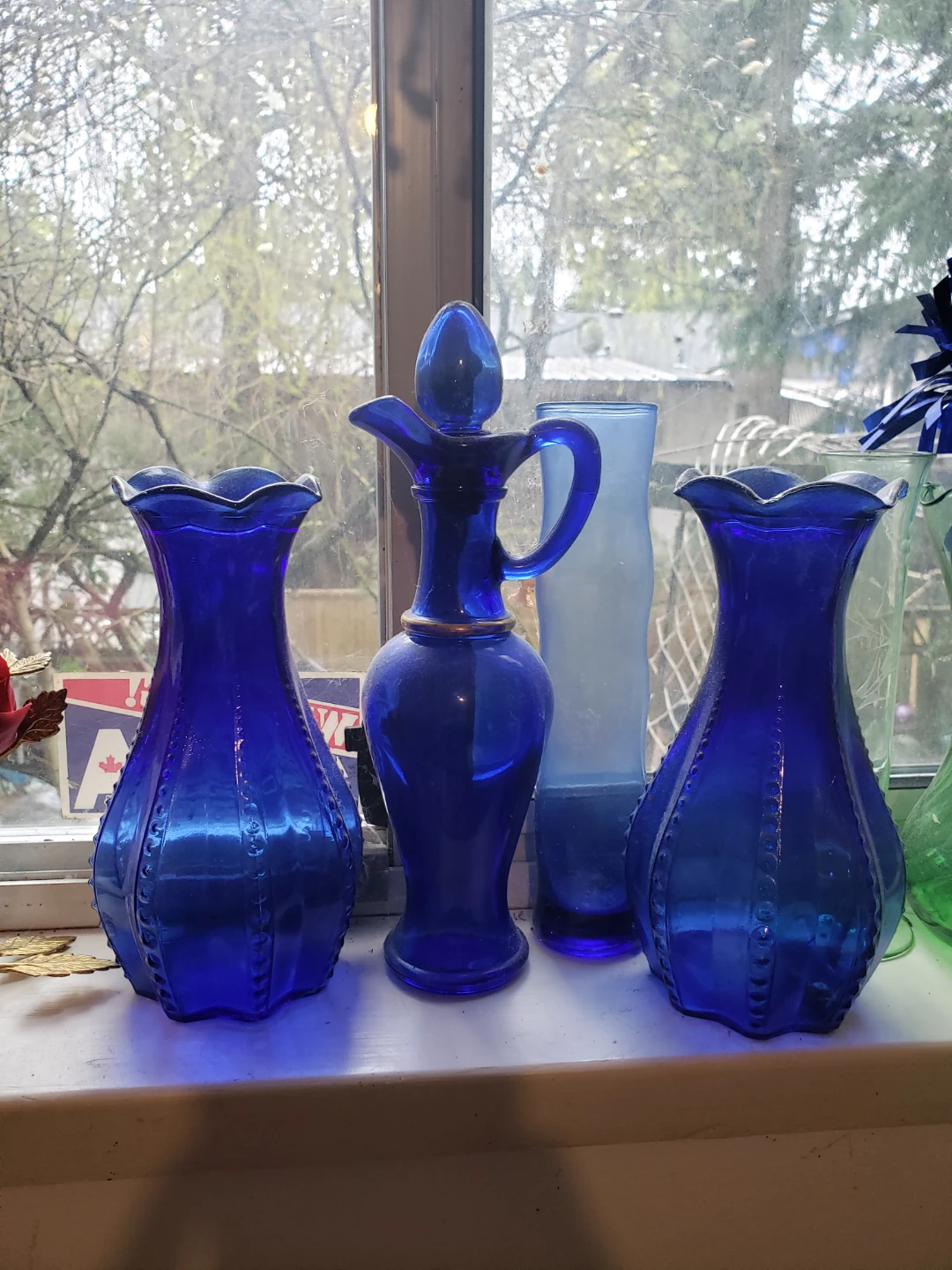 Blue Cobalt Glass Decanter and Vases Set