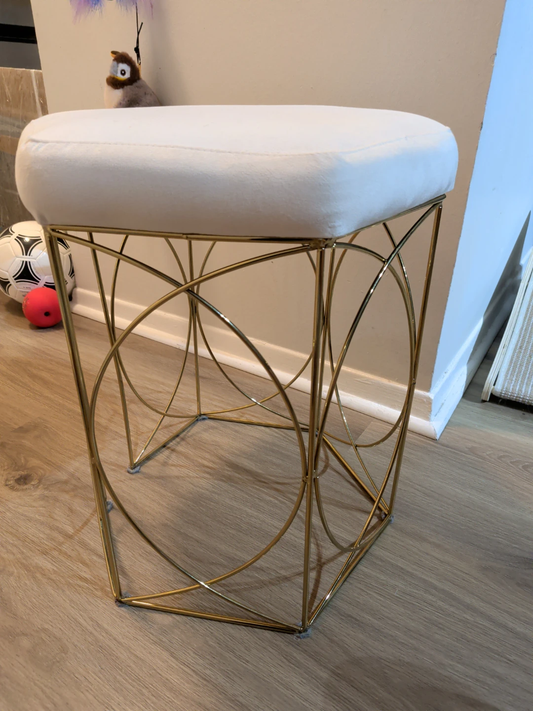 Gold Geometric Vanity Stool with White Padded Seat