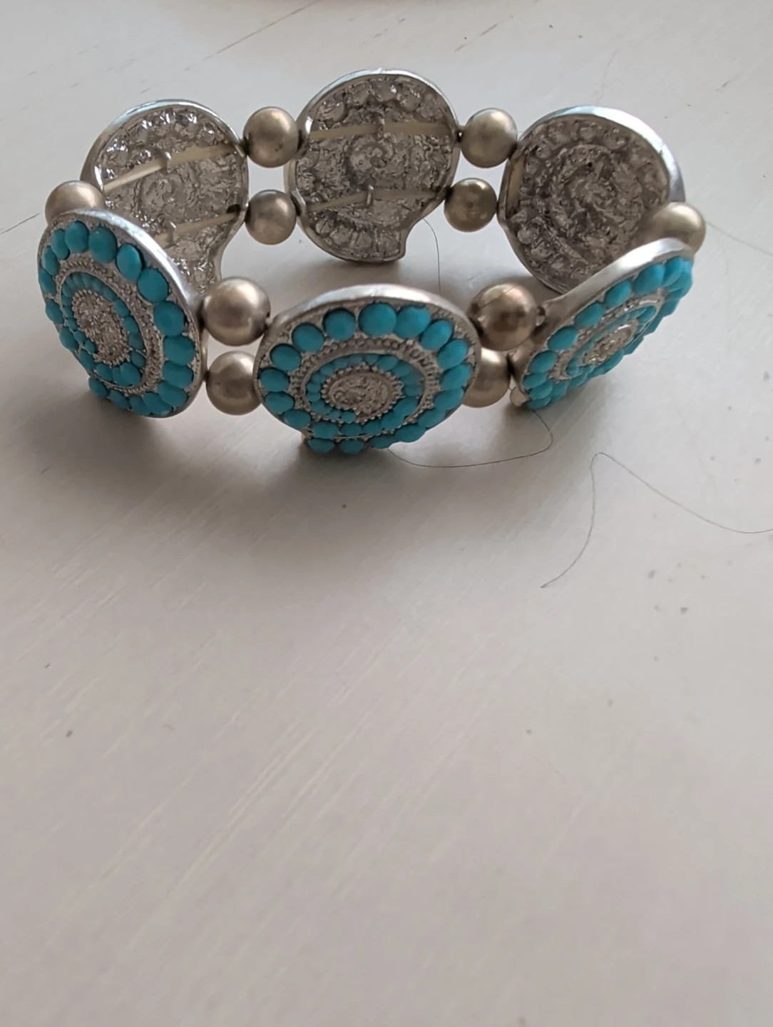 Turquoise and Silver Tone Stretch Bracelet