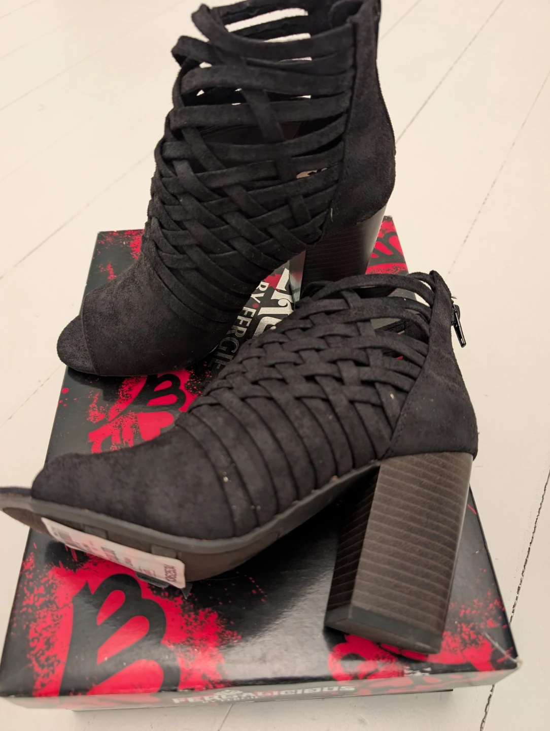 FERGALICIOUS Black Woven Peep-Toe Heels - Size 5.5