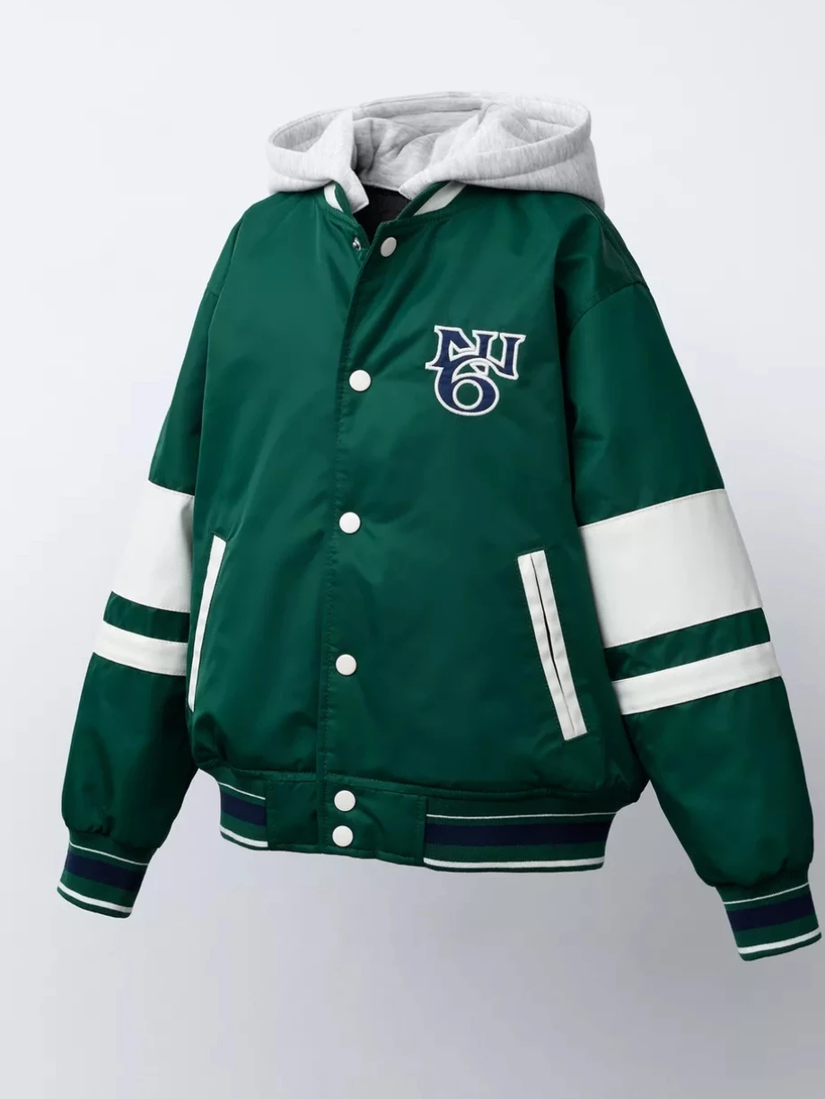 Zara Green 'New York' Varsity Bomber Jacket with Grey Hoodie - photo 3