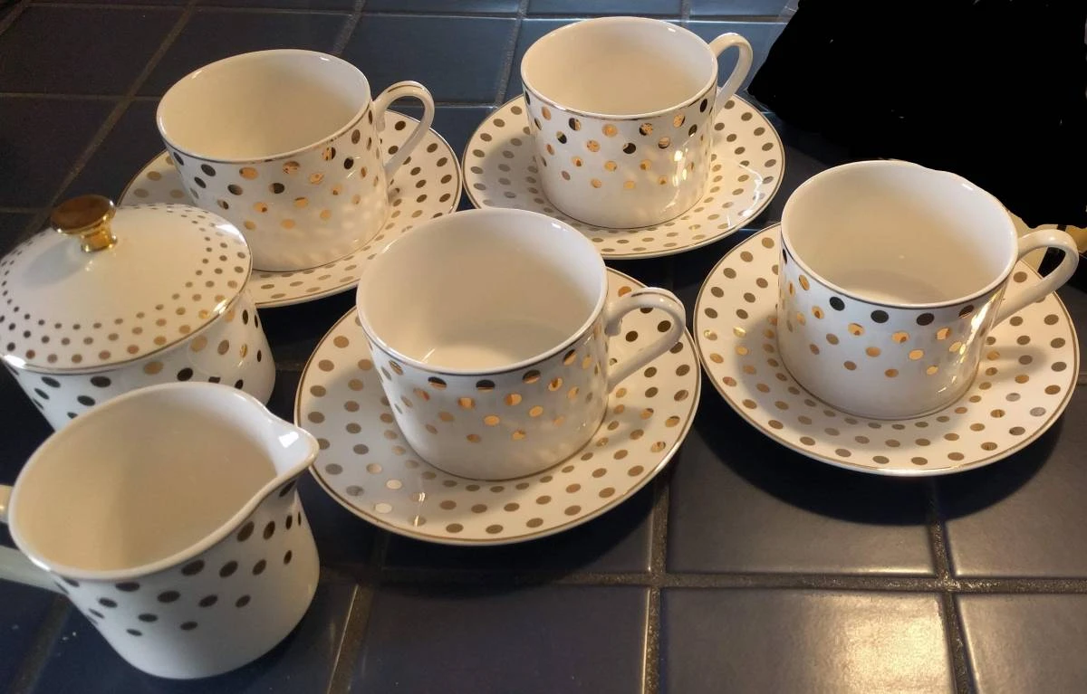 Gold Polka Dot Teacup and Saucer Set with Creamer and Sugar Bowl