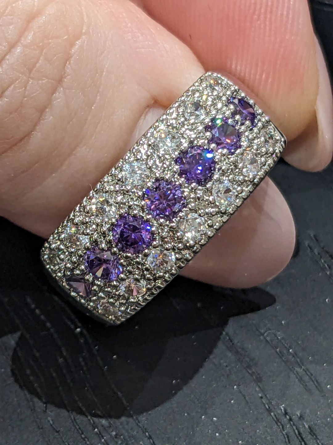 Size 8 Sterling Silver Ring with Purple and White CZ Stones