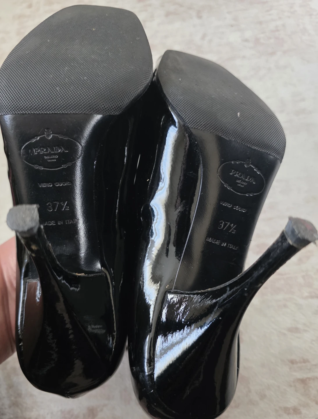 Prada Black Patent Leather Peep Toe Heels with Bow - Size 37.5 - photo 3