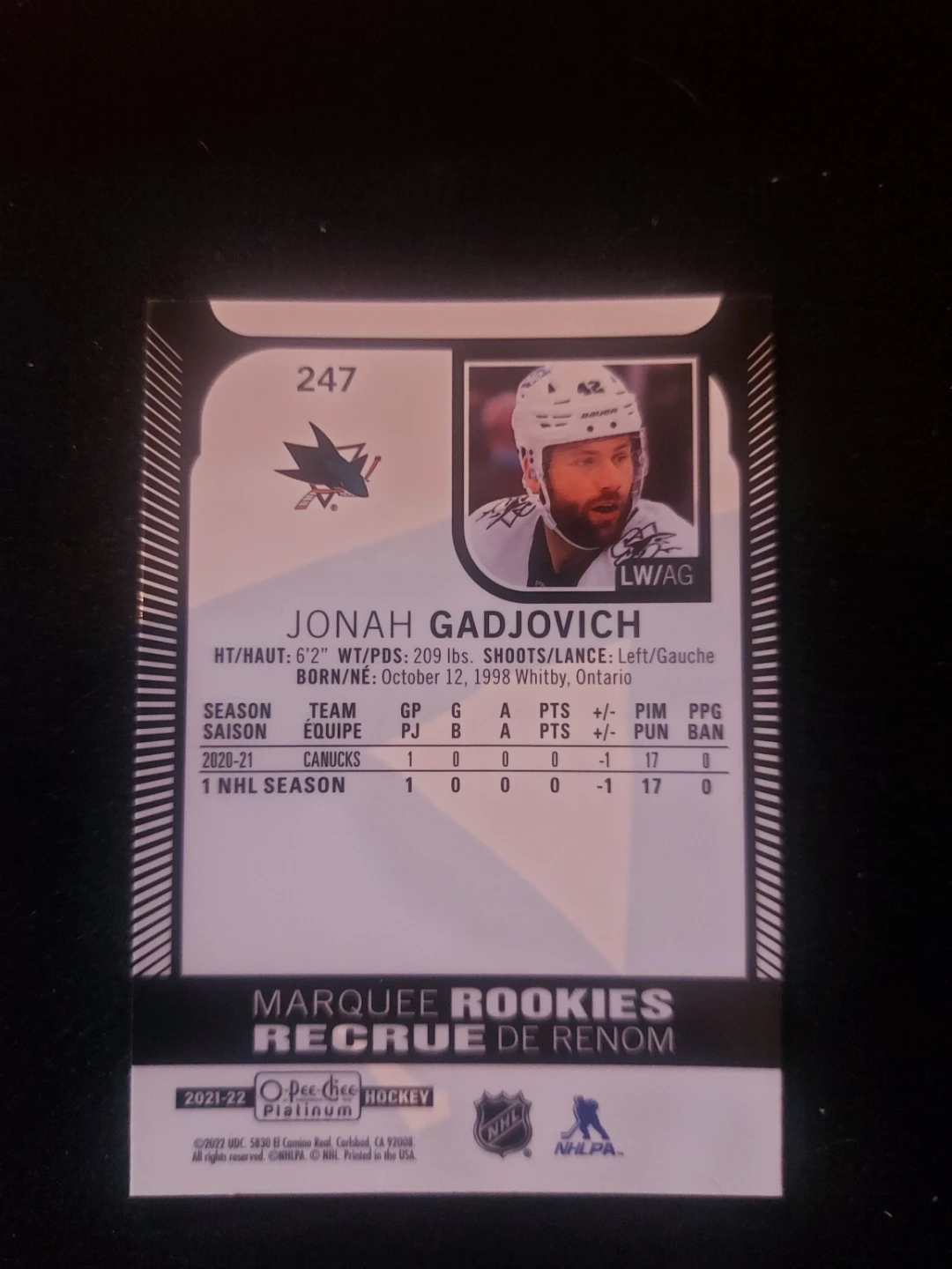 2021-22 O-Pee-Chee Platinum Hockey Card #247 Jonah Gadjovich - photo 2
