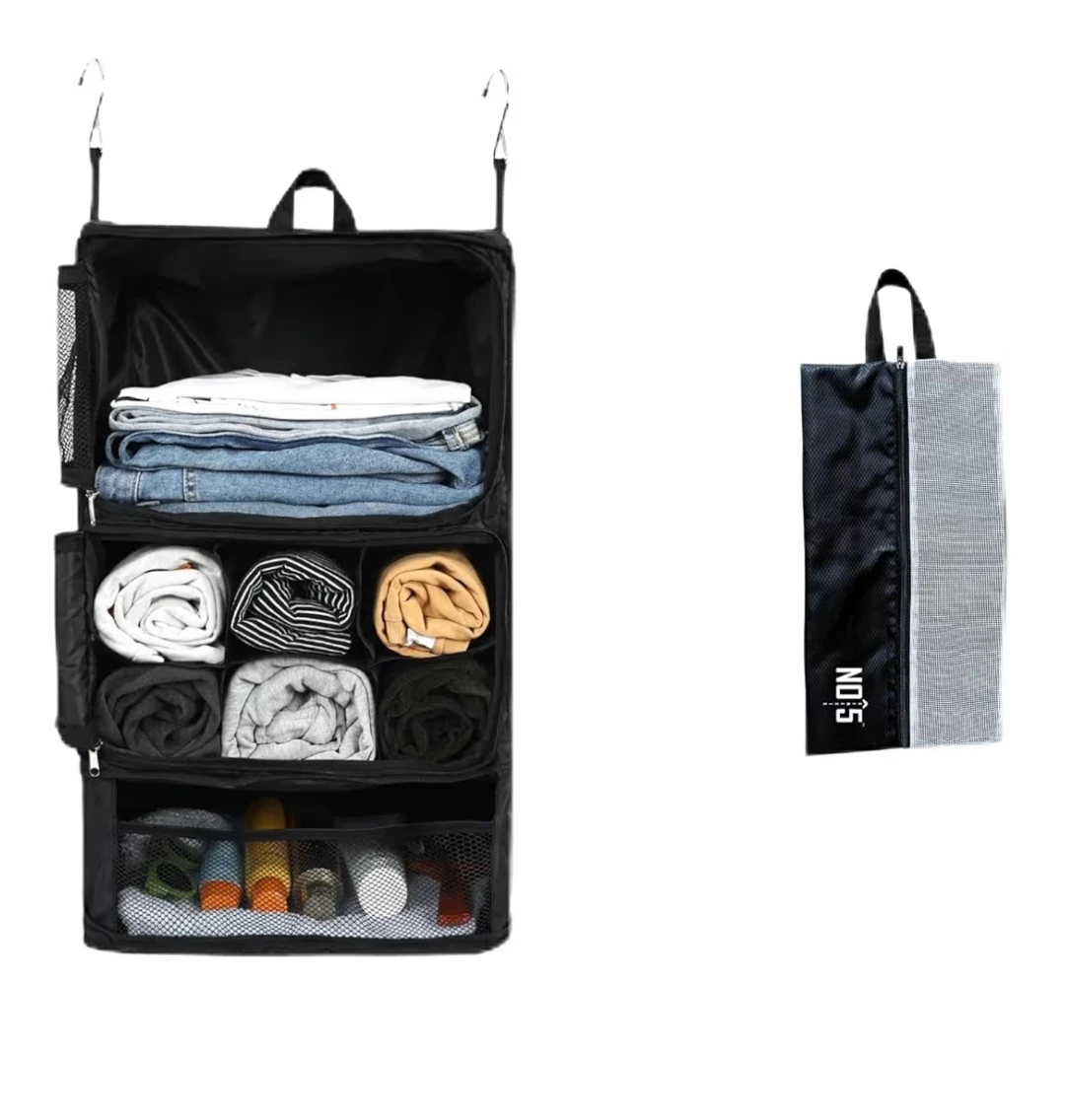 Travel Hanging Organizer Suitcase Compressible Shelves + Bag