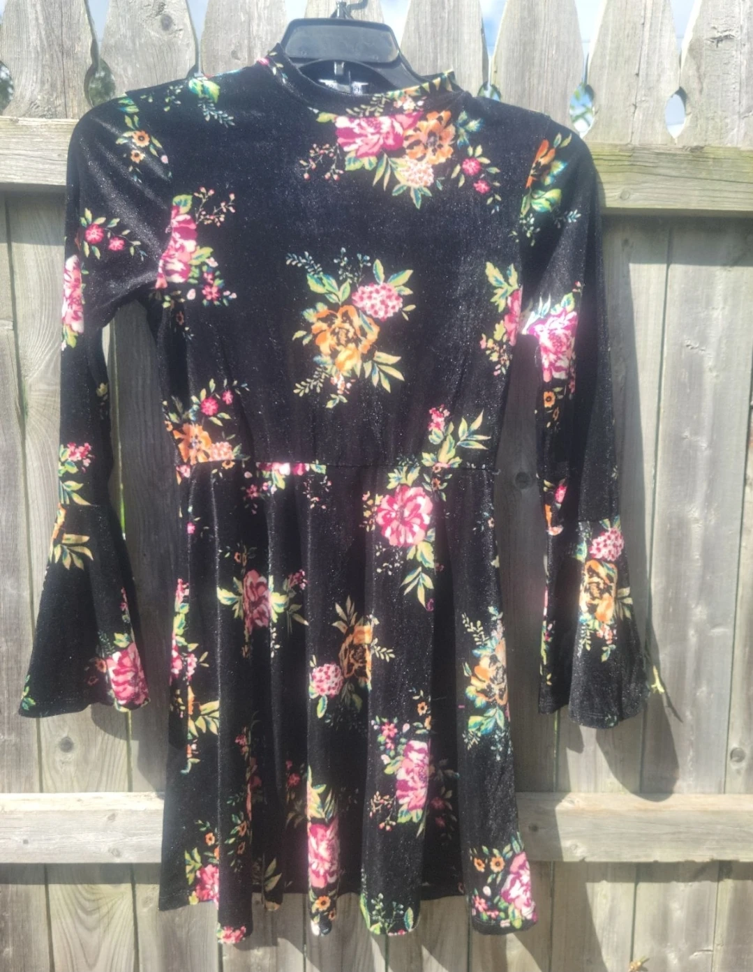 Black floral velvet dress with bell sleeves
