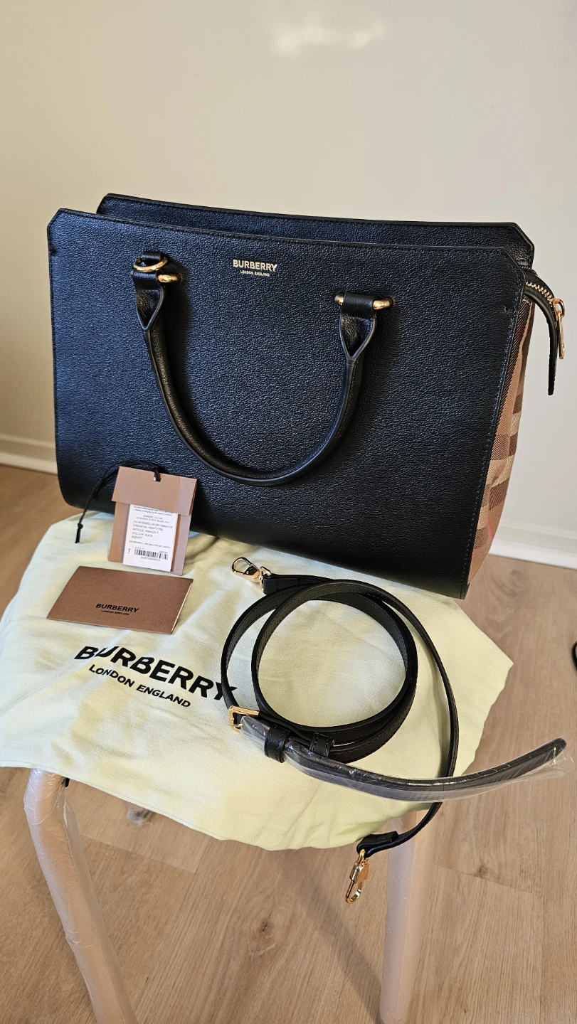Burberry Black Leather & Canvas Tote Bag with Strap