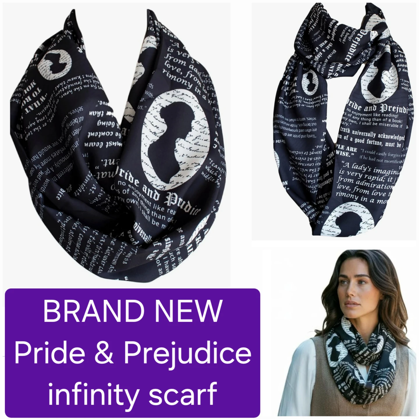 Infinity Scarf with Pride and Prejudice quotes - NEW