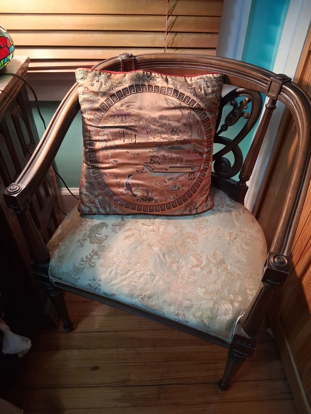 Antique Chair & Decorative Accent Pillow with Asian Landscape - photo 3