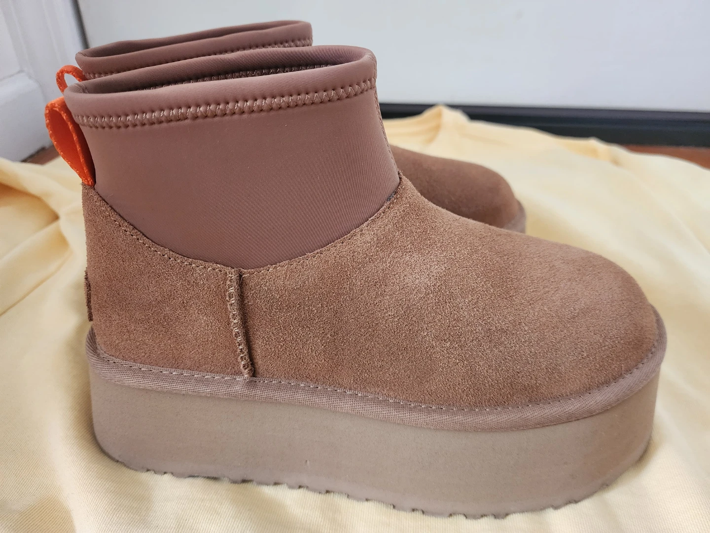UGG Boots Brown Suede Platform Ankle Boots with Orange Pull Tabs