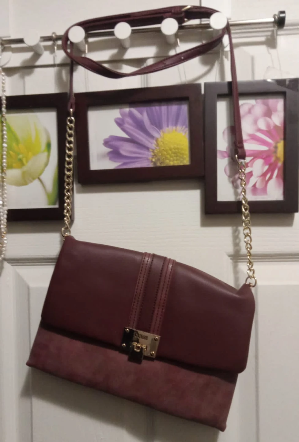 Guess Burgundy Suede Clutch with Gold Chain Strap