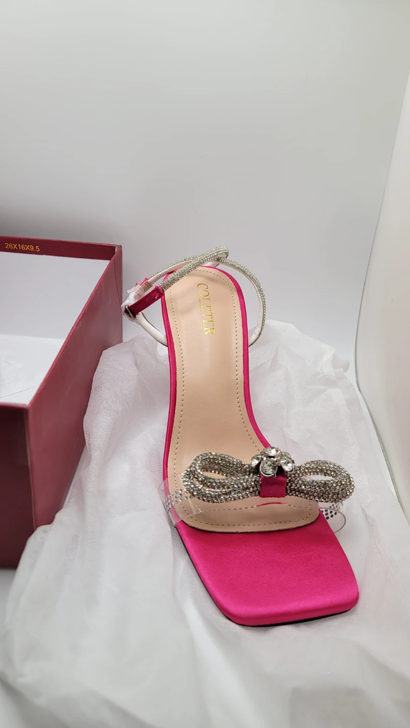 Pink Rhinestone Bow Heels Clear Strap Stiletto Sandals - photo 3